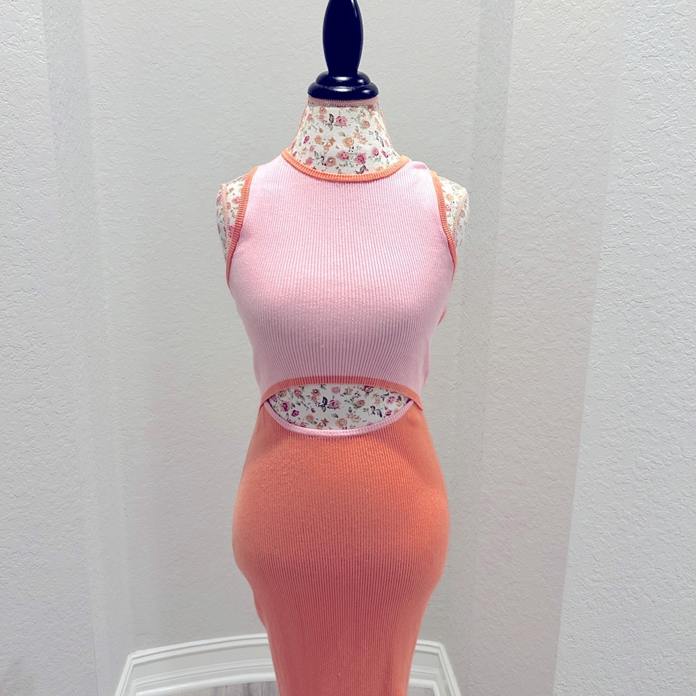 Pink Queen Cutout Crew Neck Sleeveless Tank Slit Ribbed Bodycon Midi Dress